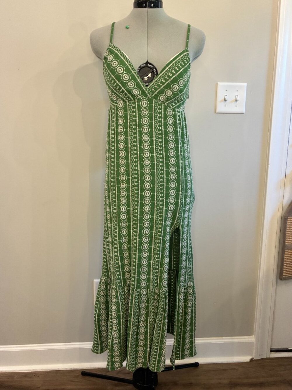 ZARA Green White Printed Maxi Dress Strappy Tiered Boho Cottagecore XS 0383